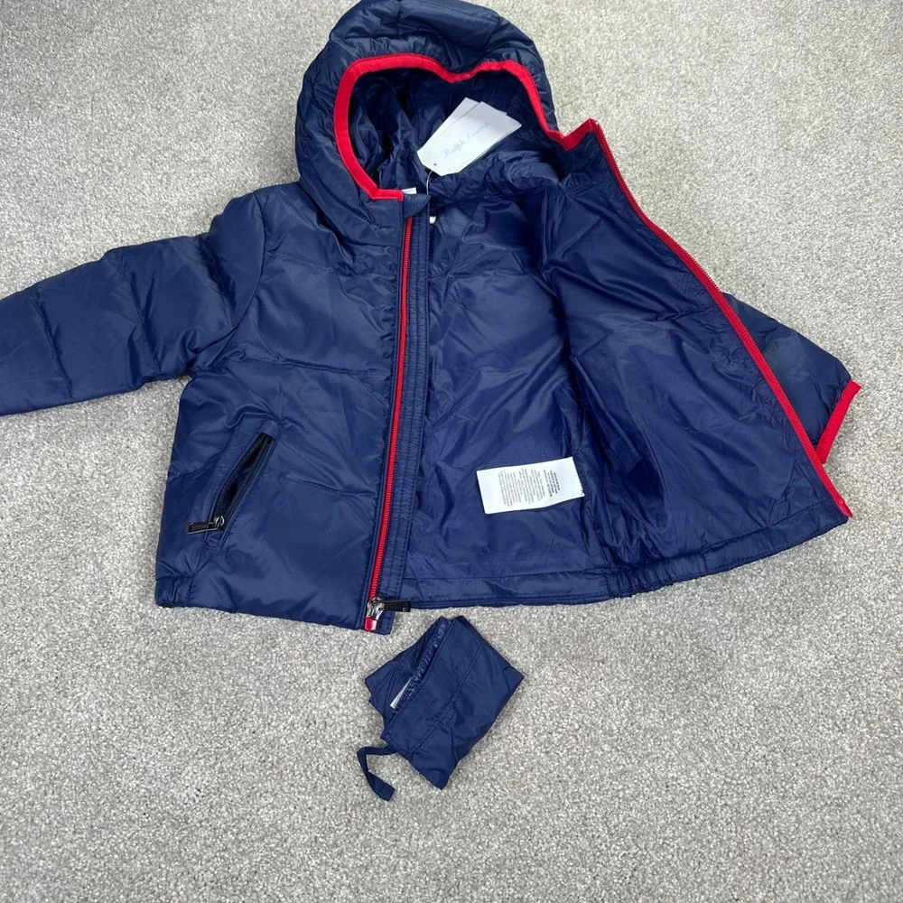 Ralph Lauren Polo Kids Puffer Jacket Down Red Logo Hood 12M Winter Coat Packable